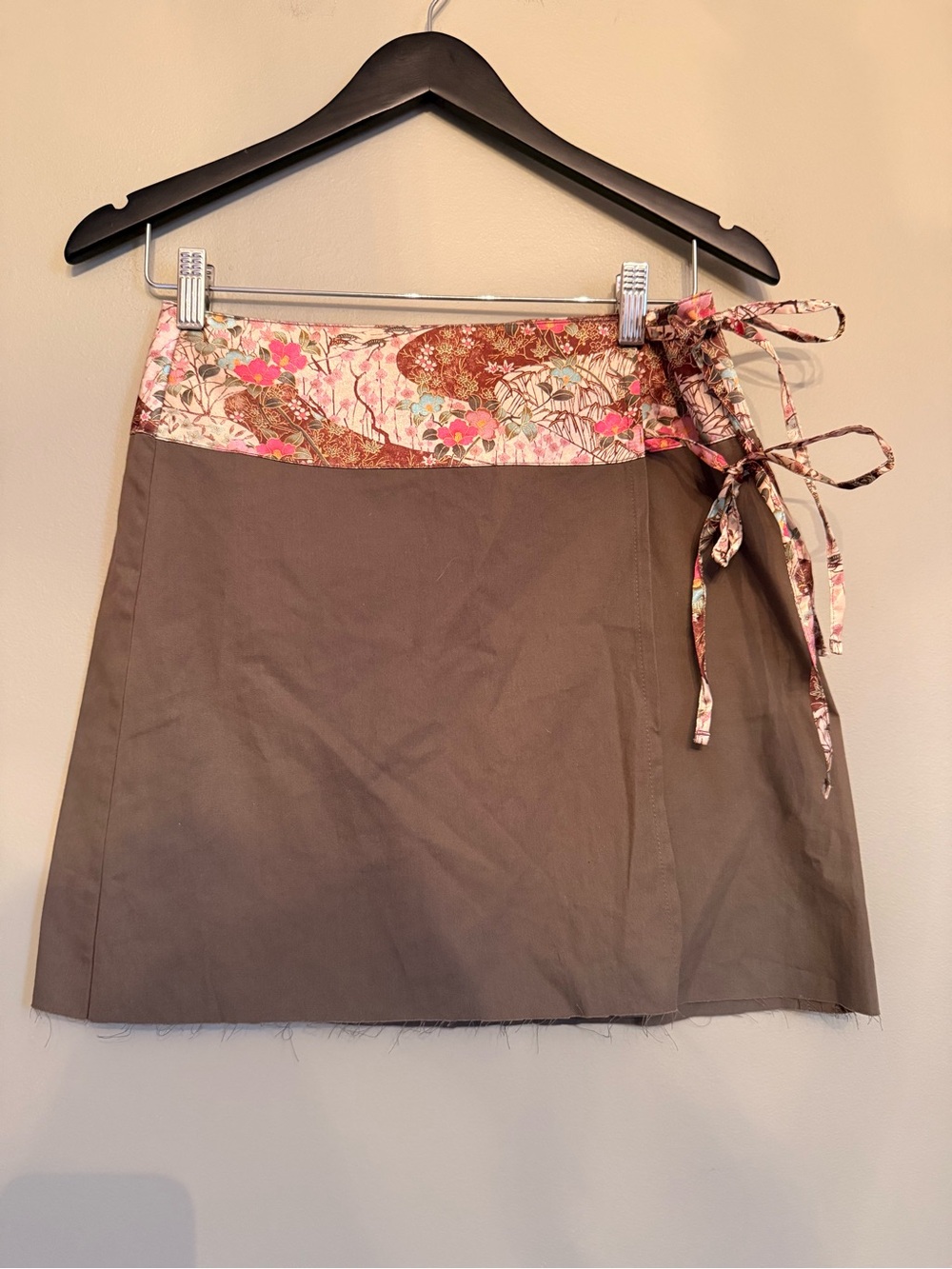 Promod Brown Wrap Mini Skirt Floral Asian Print Waist Side Ties Y2K